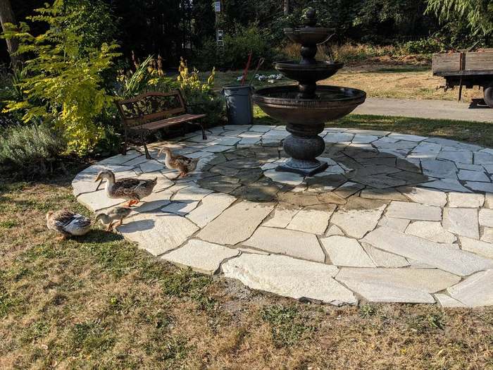 beds  stone patio fountain garden