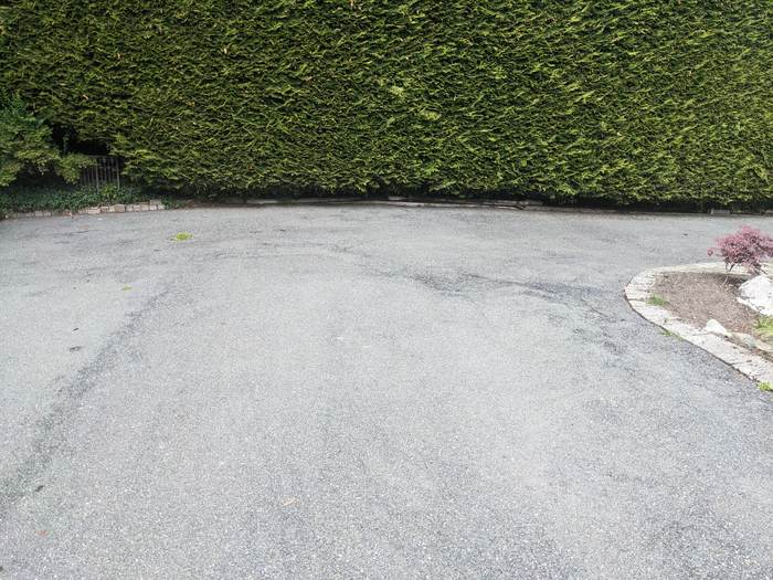 Driveway after pressure washing, clean blacktop with cedar hedge wall
